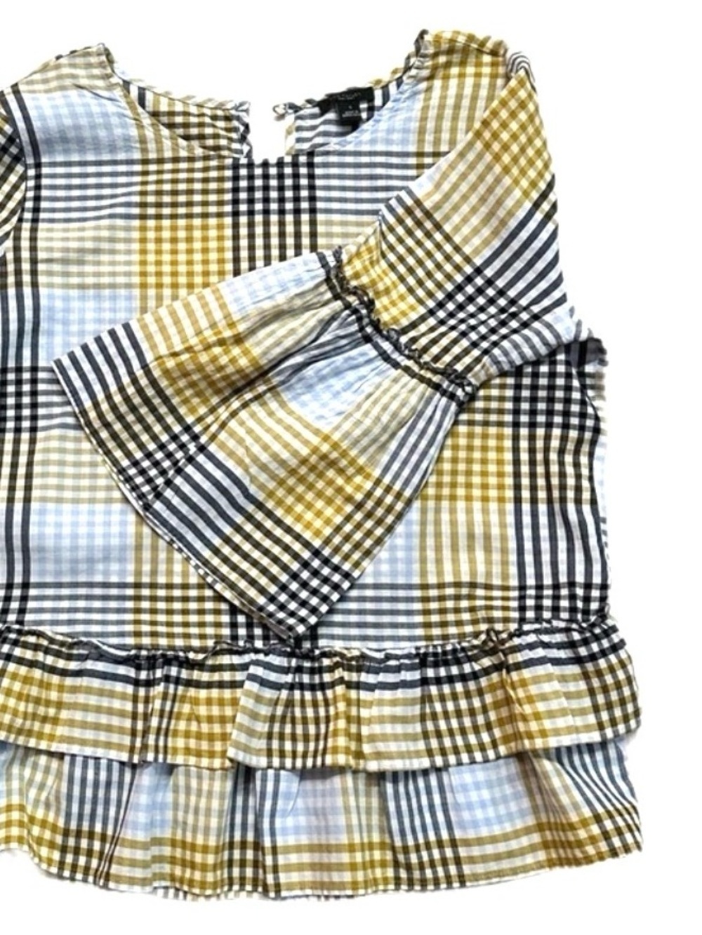 Ann Taylor Factory Plaid Bell Sleeve Ruffle Blouse Size S - Picture 8 of 10